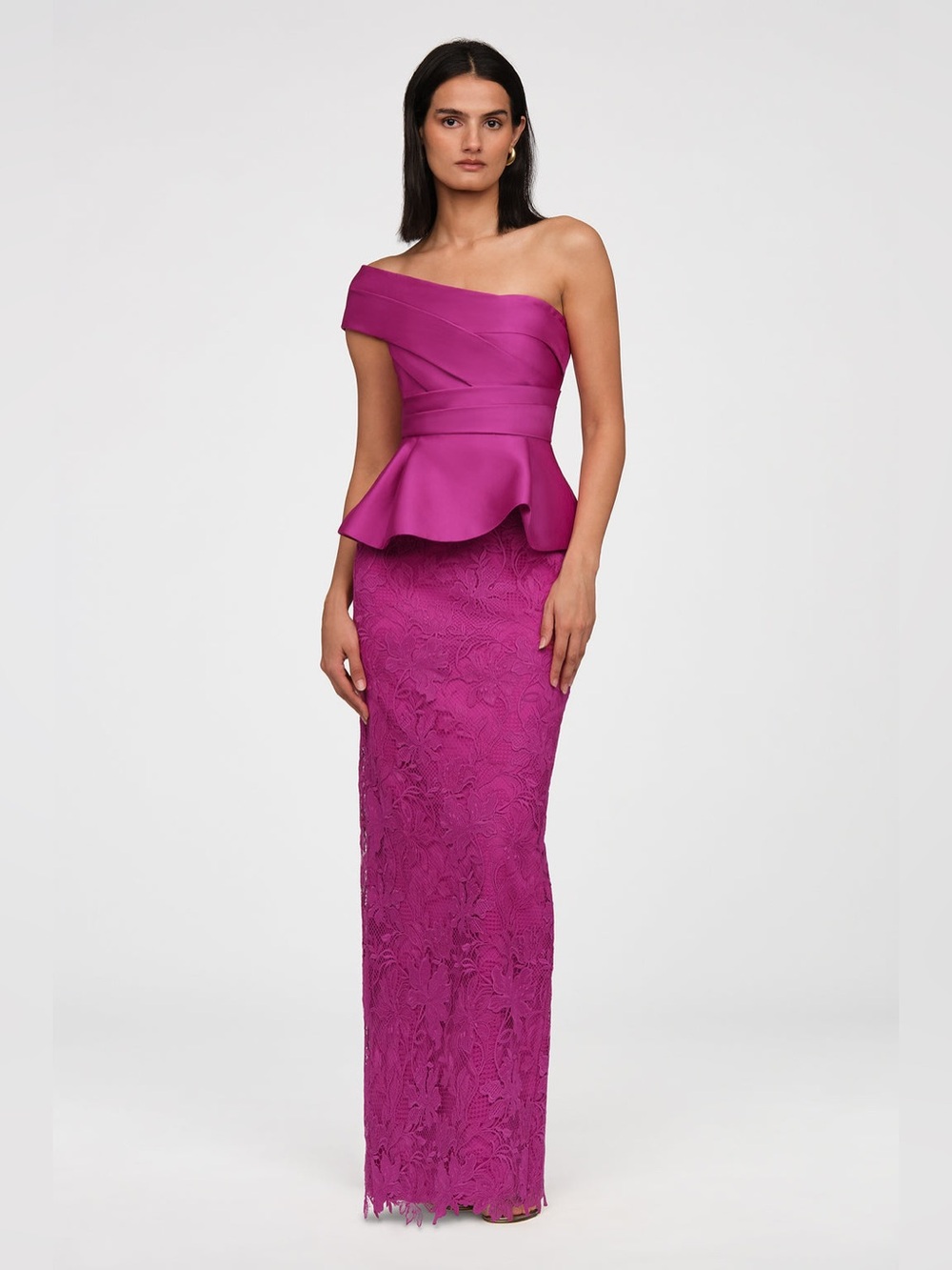 Theia Colby Lace and Mikado One-Shoulder Peplum Gown in Fuchsia